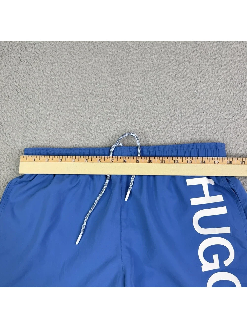 HUGO Men's Swim Trunks Blue White Logo Elastic Waist Mesh Lined Size L